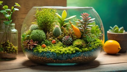  a glass bowl filled with succulents and plants on top of a wooden table next to an orange and a glass vase with a green plant in it.
