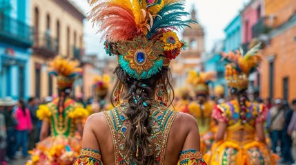 Crédence de cuisine en verre imprimé Carnaval Carnival festival, Latin woman dancer in traditional costume and headdress, rear view