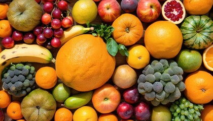  a pile of fruit including oranges, apples, grapes, bananas, grapes, apples, oranges, grapes, oranges, oranges, and kiwitchup.