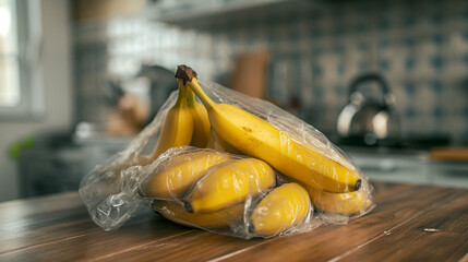 A bunch of bananas wrapped in cling film, placed on a kitchen counter