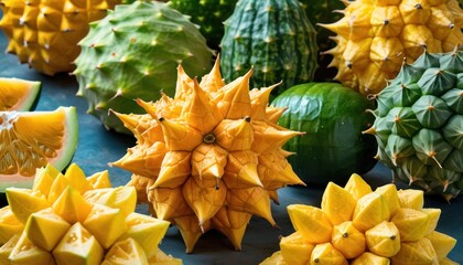  a table topped with lots of different types of fruits and veggies on top of a blue table covered in lots of yellow and green fruits and oranges.