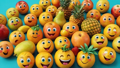  a pile of oranges with faces drawn on them and a pineapple in the middle of the picture, surrounded by other oranges and a pineapple on a blue background.