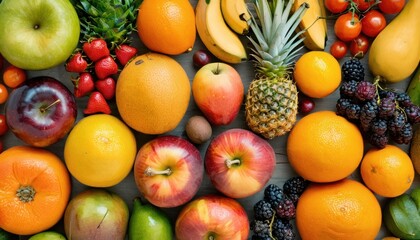  a table topped with lots of different types of fruit next to oranges, apples, kiwis, bananas, strawberries, and watermelon on top of all. - obrazy, fototapety, plakaty