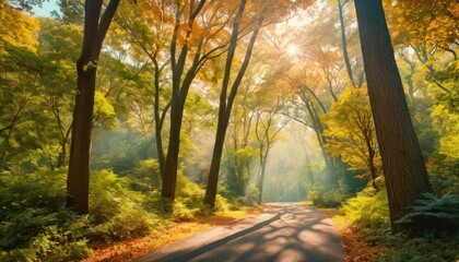  the sun shines through the trees on a road through a forest filled with green, yellow, and orange leaves on a sunny day with the sun shining through the trees.