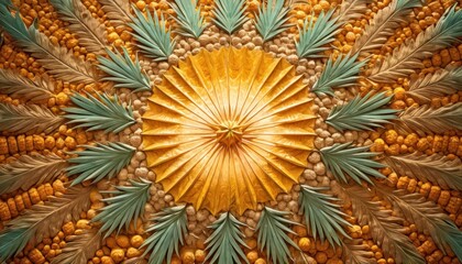  a close up view of a painting of pineapples and pineapples on a yellow, blue, and green background with a gold starbursting center.