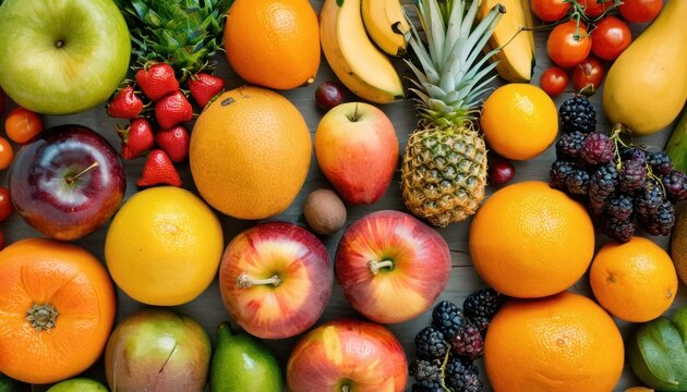  a table topped with lots of different types of fruit next to oranges, apples, kiwis, bananas, strawberries, and watermelon on top of all.