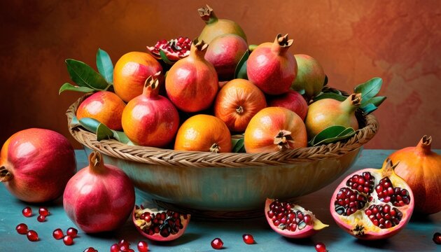  a painting of pomegranates and oranges in a bowl on a blue tablecloth with a red wall in the background and a basket of pomegranates.