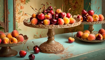  a table topped with three tiered trays filled with lots of ripe peaches and cherries on top of a blue table cloth covered with a floral wallpaper.