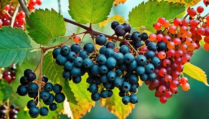  a close up of a bunch of berries on a branch with green leaves and red berries on the other side of the branch, with green leaves and red berries on the other side.