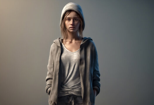 Tristezza Vissuta 3D- Ragazza Solitaria e Povera in Vestiti Logori