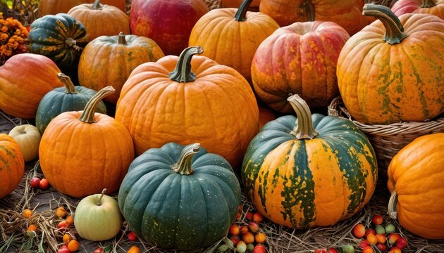  a pile of pumpkins sitting next to each other on top of a pile of hay next to a pile of berries and a basket filled with orange and green pumpkins.