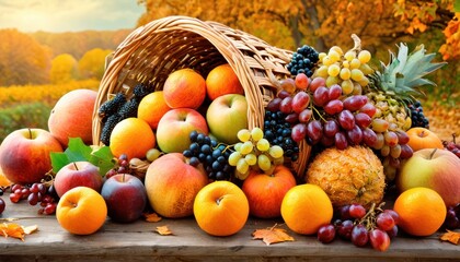  a pile of fruit sitting on top of a wooden table next to a basket of oranges, apples, grapes, and pineapples on top of a wooden table.