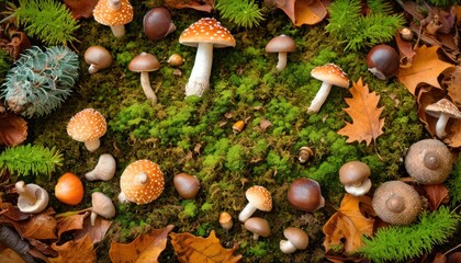  a group of mushrooms sitting on top of a green patch of grass surrounded by leaves and acorny mushrooms on top of a bed of moss covered in leaves.