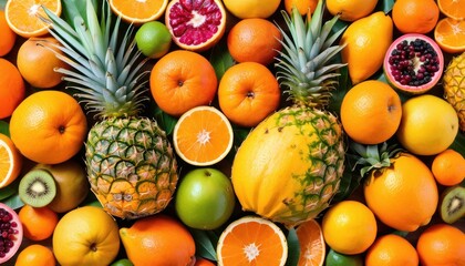  a pile of fruit including oranges, pineapples, kiwis, and pomegranates sitting on top of a bed of oranges.