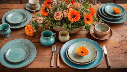  a wooden table topped with a vase filled with orange flowers next to a couple of plates and a vase filled with orange flowers next to a vase filled with orange flowers.