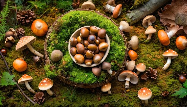  a basket filled with lots of mushrooms sitting on top of a moss covered ground next to a pile of pine cones and a bunch of small orange mushrooms on top of green grass.