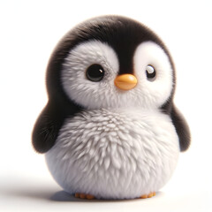 cute penguin looking at the viewer, styled as a 3D fluffy toy, isolated on a clean white background