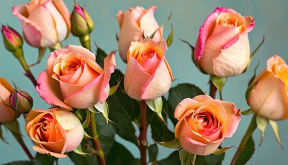  a close up of a bunch of pink and orange roses in a vase with green leaves and a blue wall in the background with a blue wall in the background.