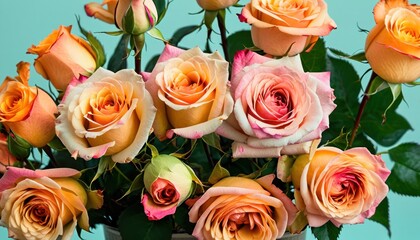  a bouquet of orange and pink roses in a vase on a blue background with green leaves and a pink rose in the middle of the middle of the bouquet,.