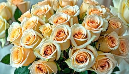  a bouquet of yellow and white roses in a glass vase with greenery on the side of the vase and a white tablecloth on the side of the table.