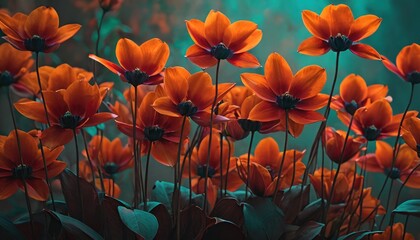  a group of orange flowers with green leaves in the foreground and a background of green and red flowers in the foreground, with green leaves in the foreground.