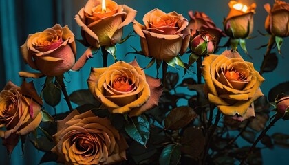  a vase filled with yellow roses with a lit candle in the middle of the center of the vase on a blue background with a reflection of a window behind it.