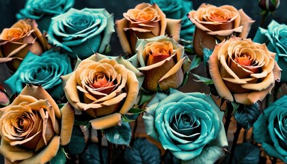 a bunch of blue and yellow roses with green leaves on a wooden table in front of a black background with a red rose in the middle of the middle of the picture.