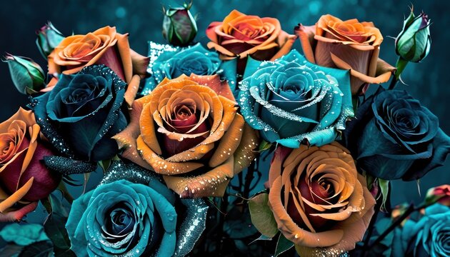  a bouquet of multicolored roses with drops of water on them, in a blue, orange, and red color scheme, with green leaves and water droplets on the stems.