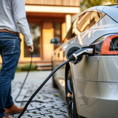 People charging battery in electric car. Man holding charging cable plugged in electric vehicle.