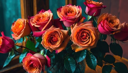  a bouquet of orange and pink roses in a vase on a table next to a mirror with a reflection of a person in the mirror on the wall in the background.