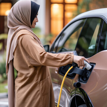 People charging battery in electric car. Young muslim woman holding charging cable plugged in electric vehicle.