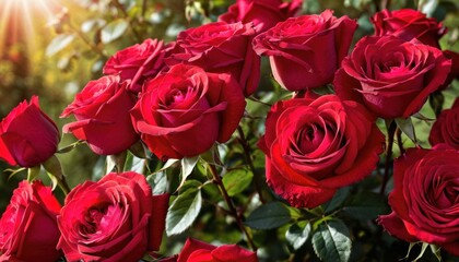  a bunch of red roses with the sun shining in the background and a green bush in the foreground with leaves and stems in the foreground, on a sunny day.
