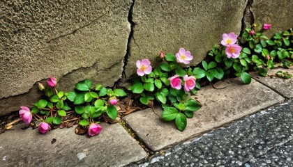  a group of pink flowers growing out of a crack in a concrete wall next to a planter with green leaves and pink flowers growing out of the crack in the wall.