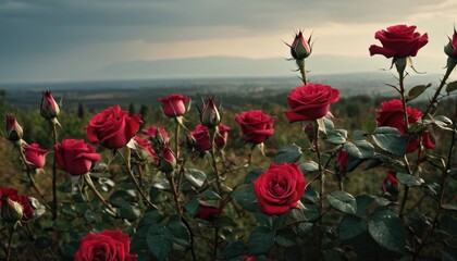  a field full of red roses in the middle of a field with a mountain in the distance in the distance in the distance is a dark sky with clouds in the distance.