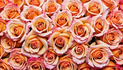  a bunch of orange and pink roses that are very close to each other in a close - up view of the center of the picture, with a lot of pink and orange roses in the middle of the middle.