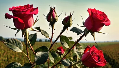  a field full of red roses on a sunny day with a blue sky and a green field in the background and a blue sky with a few clouds in the foreground.