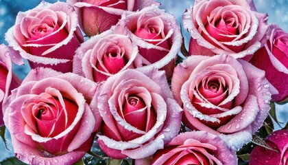 a bouquet of pink roses with water droplets on them and snow flakes on the top of the petals and the bottom of the petals and bottom of the petals.