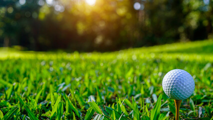 Golf ball on tee in beautiful golf course at sunset background.