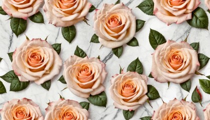  a group of pink roses with green leaves on a white marble surface with a pattern of pink roses with green leaves on a white marble surface with a marble surface.