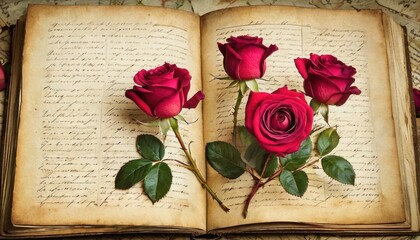  a close up of a book with a bunch of roses on top of it and a few leaves on the bottom of the book, and a few roses on the inside of the book.