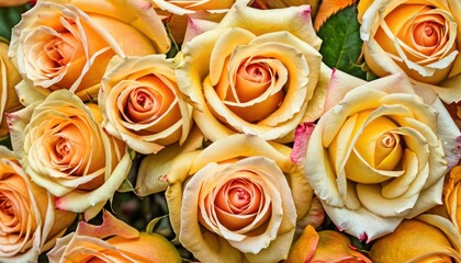  a close up of a bunch of orange and yellow roses with green leaves on the top and bottom of the flowers on the bottom of the petals and bottom of the petals.