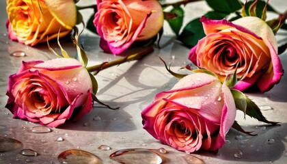  a group of pink roses sitting on top of a table next to water droplets and a spoon with a spoon rest on top of the table next to the roses.