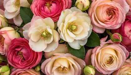  a close up of a bunch of flowers that are pink, yellow, and white with green leaves and buds on the top of the petals and bottom of the petals.