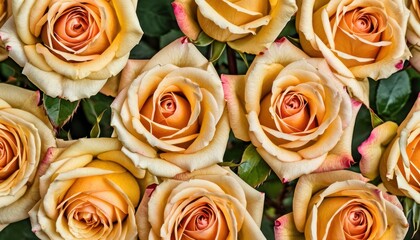  a close up of a bunch of yellow and pink roses with green leaves on the bottom of the petals and the middle of the petals of the flowers in the middle of the petals.