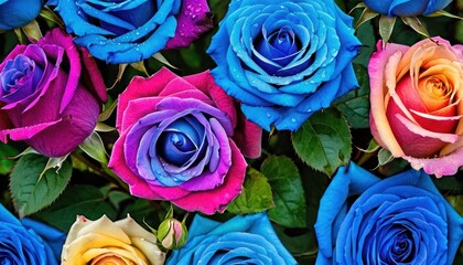  a bunch of multicolored roses that are in the middle of a bunch of blue, pink, yellow, and red roses with green leaves in the middle of the petals.