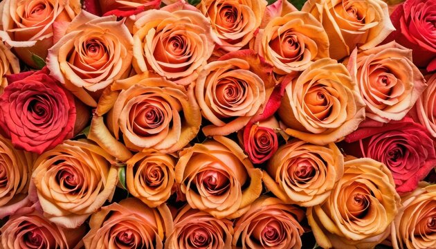  a close up of a bunch of orange and red roses with a green stem in the middle of the picture and a green stem in the middle of the picture.