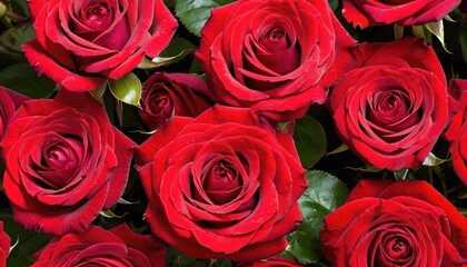  a close up of a bunch of red roses with water droplets on the petals and green leaves in the middle of the petals, with a background of many red roses with green leaves.