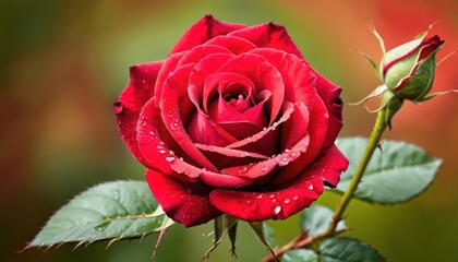  a close up of a red rose with water droplets on it's petals and a green background with a red rose bud in the foreground with water droplets on the petals.
