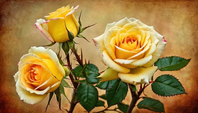  three yellow roses in a vase with green leaves on a brown and beige background, with a sepia effect to the bottom half of the image and bottom half of the image.