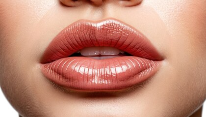  a close up view of a woman's lips with a red lipstick shade on her cheek and a brown eye shadow on her cheek, with a white background.